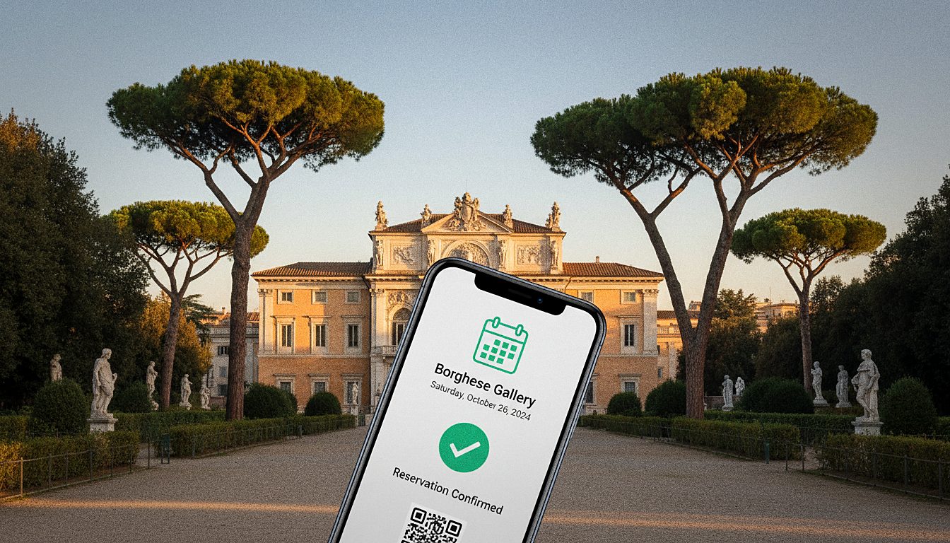 Potwierdzenie rezerwacji terminu wizyty w Galerii Borghese na ekranie telefonu przed wejściem do willi