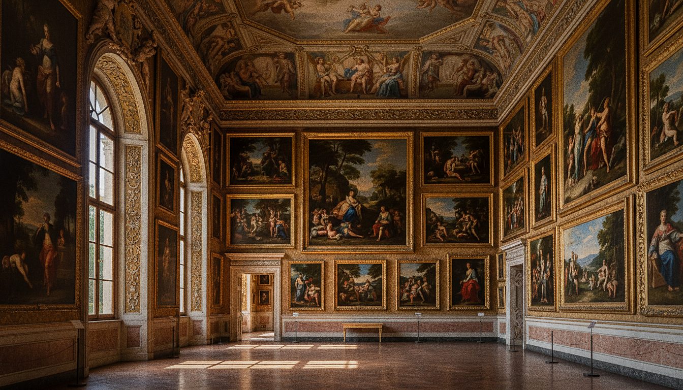 Sala pinakoteki na piętrze Galerii Borghese z obrazami w złotych ramach na ścianach