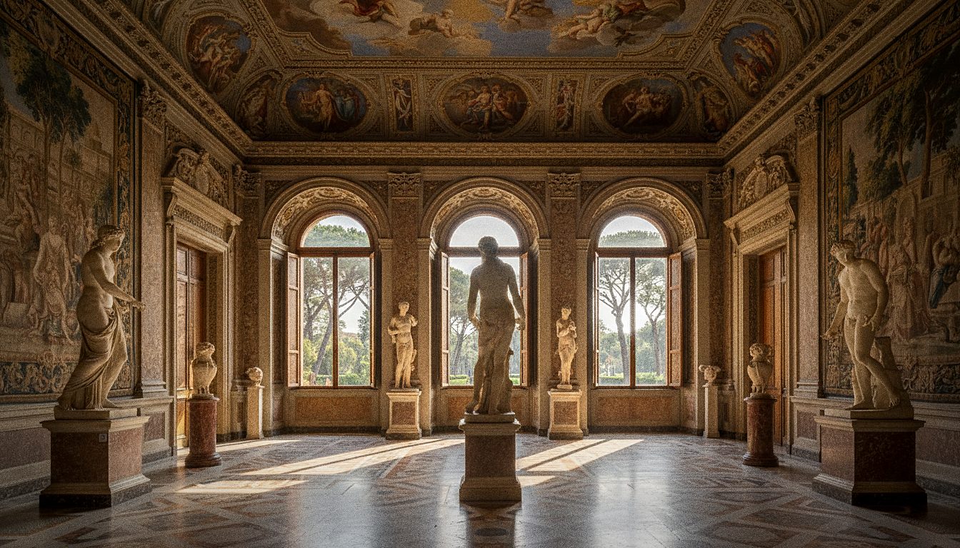 Wnętrze sali na parterze Galerii Borghese z rzeźbami Berniniego i freskami na suficie